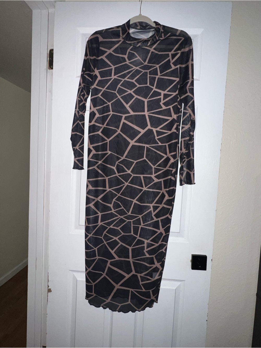 High-Neck Long Sleeve Geometric Midi Dress in Brown and Black